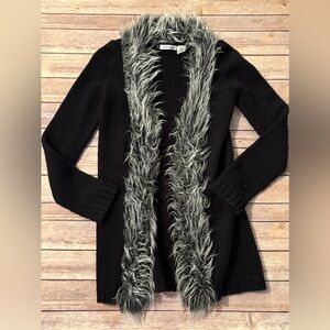 Black and White Women's Sweater with Faux Fur Trim